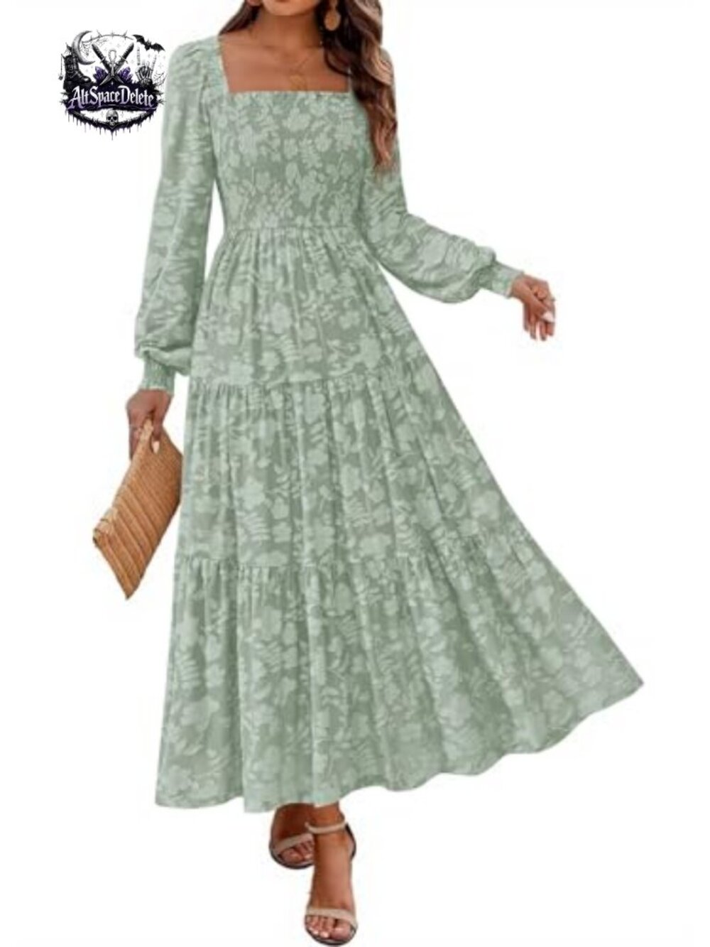 Smocked Floral Maxi Dress Long Sleeve Square Neck Formal Wedding Guest